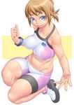  bike_shorts blue_eyes breasts brown_hair gundam gundam_build_fighters gundam_build_fighters_try highres hoshino_fumina impossible_clothes large_breasts looking_at_viewer masato_(mk) midriff navel short_hair smile solo sports_bra 