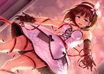  arm_ribbon bare_shoulders black_gloves blue_eyes bow brown_hair choker dress dutch_angle elbow_gloves frilled_dress frills gloves hairband headdress heart idolmaster idolmaster_cinderella_girls leg_ribbon looking_at_viewer ono_misao open_mouth red_ribbon ribbon sakuma_mayu short_hair skirt solo 