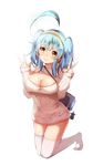  ahoge bba1985 blue_hair breasts cleavage cleavage_cutout gen_3_pokemon hairband highres kneeling large_breasts long_hair looking_at_viewer marshtomp meme_attire open-chest_sweater personification pokemon simple_background smile solo sweater thighhighs twintails v white_background white_legwear 