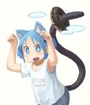  animal_ears armpits arms_up blue_eyes blue_hair blush cat_ears cat_tail denim donut doughnut female food hair_cubes hair_ornament jeans kemonomimi_mode looking_at_viewer md5_mismatch naganohara_mio nichijou nishimura_(prism_engine) open_mouth pants paw_pose shirt short_hair short_twintails simple_background solo standing sweat t-shirt tail twintails white_background 