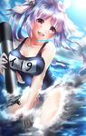  :d absurdres bad_id bad_pixiv_id bare_shoulders blue_hair blue_sky breasts day hair_ornament head_tilt highres i-19_(kantai_collection) kantai_collection large_breasts looking_at_viewer name_tag open_mouth partially_submerged red_eyes school_swimsuit shiromoru_(yozakura_rety) sky smile solo star star-shaped_pupils swimsuit symbol-shaped_pupils torpedo tri_tails 