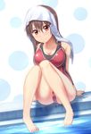  brown_hair competition_swimsuit highres long_hair one-piece_swimsuit original poolside red_eyes sitting solo swimsuit takuya_kame 