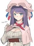  alternate_costume artist_name blue_eyes blush book bow breasts capelet cleavage colorized hair_bow hat hat_bow hayashi_kewi long_hair long_sleeves looking_at_viewer medium_breasts meme_attire mob_cap open-chest_sweater patchouli_knowledge purple_hair ribbon simple_background sketch solo sweater touhou upper_body very_long_hair white_background 