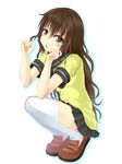  :o blush brown_eyes brown_hair full_body hair_twirling highres lass_(pokemon) loafers long_hair looking_at_viewer miniskirt npc_trainer pleated_skirt pokemon pokemon_(game) pokemon_bw school_uniform serafuku shoes skirt solo sora_(sunday_sky) squatting thighhighs white_background 