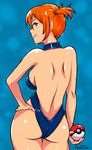  akairiot ass back backless_outfit bad_id bad_tumblr_id breasts cowboy_shot from_behind green_eyes hand_on_hip holding holding_poke_ball kasumi_(pokemon) large_breasts lips looking_back one-piece_swimsuit orange_hair poke_ball pokemon short_hair side_ponytail sideboob sideways_mouth smile solo swimsuit thigh_gap wet wet_clothes wet_hair wet_swimsuit 