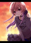  bad_id bad_pixiv_id brown_hair casual choker collarbone idolmaster idolmaster_cinderella_girls jewelry karasumakarma1225 looking_at_viewer multicolored_hair necklace ninomiya_asuka off_shoulder plaid plaid_skirt purple_eyes purple_hair skirt smile solo sunset 