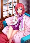  blush camera coat couch eyebrows_visible_through_hair highres holding jacket legs long_hair long_sleeves looking_at_viewer love_live! love_live!_school_idol_project nishikino_maki no_pants open_mouth purple_eyes red_hair scarf shirt sitting smile snow socks solo thigh_gap thighs tucana window 