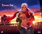  1girl abs areolae blush breasts bulge curvy dark_skin fur_trim futanari jacket large_breasts nanakichi navel nipples no_bra original outdoors panties penis scarf short_hair solo thigh_gap underwear unzipped white_panties wide_hips 