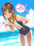  arm_behind_back blown_kiss brown_eyes brown_hair cloud day dutch_angle heart i-401_(kantai_collection) kantai_collection one-piece_swimsuit one_eye_closed school_swimsuit shiden_(sashimi_no_wife) sidelocks sky solo swimsuit water 