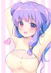  :d arms_behind_head arms_up blush breasts cleavage cleavage_cutout heart large_breasts long_hair looking_at_viewer meme_attire open-chest_sweater open_mouth purple_eyes purple_hair ranma_1/2 ribbed_sweater shampoo_(ranma_1/2) simple_background sketch smile solo striped striped_background sweater usashiro_mani vertical-striped_background vertical_stripes 