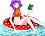  74 afloat bare_shoulders book expressionless fire_emblem fire_emblem:_seima_no_kouseki holding holding_book innertube legs looking_away low_twintails lute_(fire_emblem) midriff open_book open_mouth purple_eyes purple_hair short_hair solo turtleneck twintails water white_background 