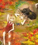  aki_minoriko aki_shizuha arms_behind_head autumn blonde_hair dress food from_above fruit grapes hair_ornament highres leaf leaf_hair_ornament looking_at_viewer lying multiple_girls open_mouth red_eyes short_hair siblings sisters smile tlman touhou 