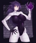  bandage breasts claws clothed_navel cowboy_shot erect_nipples gengar grin hand_on_hip large_breasts long_hair navel personification pokemon purple_hair red_eyes smile solo space_jin standing 
