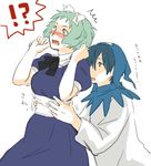  1girl alice_(megami_tensei) alice_(megami_tensei)_(cosplay) blue_dress blue_eyes blue_hair blush cosplay dress furea_(genjuu_no_mori) green_eyes green_hair hair_ribbon jack_frost jack_frost_(cosplay) open_mouth persona persona_3 ribbon short_hair translated yamagishi_fuuka yuuki_makoto 