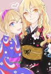  2girls alice_margatroid alternate_costume blonde_hair blue_eyes bow braid floral_print hair_bow hairband hat heart japanese_clothes kimono kirisame_marisa long_hair multiple_girls one_eye_closed open_mouth ribbon rosette_(roze-ko) short_hair smile touhou yellow_eyes 