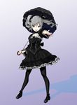  black_legwear black_umbrella choker dress drill_hair full_body grey_hair hair_ribbon idolmaster idolmaster_cinderella_girls iwasaki_takashi kanzaki_ranko lolita_fashion looking_at_viewer open_mouth pantyhose parasol red_eyes ribbon solo twin_drills twintails umbrella 