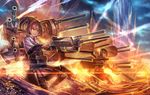  aiming battle brown_eyes brown_hair brown_skirt high_ponytail hyuuga_(kantai_collection) ise_(kantai_collection) japanese_clothes kantai_collection machinery multiple_girls pleated_skirt ponytail short_hair skirt under_fire zounose 