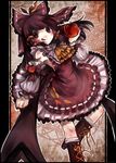  absurdres apple ascot bow brown_hair detached_sleeves food fork fruit hair_bow hair_tubes hakurei_reimu highres leaf long_hair red_eyes ribbon sanso smile solo tongue tongue_out touhou 