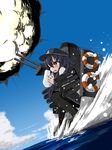  akatsuki_(kantai_collection) black_eyes black_hair cannon cloud cloudy_sky commentary_request day explosion flat_cap hat highres kantai_collection long_hair machinery ocean one_eye_closed open_mouth pantyhose pleated_skirt school_uniform serafuku skirt sky splashing standing standing_on_liquid tears turret usui_harusame 
