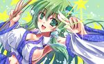  arm_up armpits breasts cleavage collarbone detached_sleeves frog_hair_ornament green_eyes green_hair hair_ornament kochiya_sanae large_breasts long_hair long_sleeves midriff navel no_bra open_mouth pose shirt sideboob skirt smile snake_hair_ornament solo star touhou very_long_hair wide_sleeves yamu_(reverse_noise) 