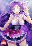  81_(mellowry) ;d blush breasts large_breasts long_hair looking_at_viewer love_live! love_live!_school_idol_project maid maid_headdress mogyutto_&quot;love&quot;_de_sekkin_chuu! one_eye_closed open_mouth smile solo thighhighs toujou_nozomi 