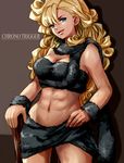  abs ayla_(chrono_trigger) bandeau blonde_hair blue_eyes bracelet breasts caveman chrono_trigger cleavage club copyright_name curly_hair fur hand_on_hip himasen jewelry large_breasts long_hair navel open_mouth skirt smile solo weapon 
