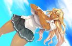  bandage blonde_hair breasts dark_skin denkishowgun erectlip gakuen_no_ikenie_nagusami_mono_to_kashita_kyonyuu_furyou_shoujo_~hakudaku_ni_okasareru_kasshoku_&amp;_daniku_no_kyouen~ huge_breasts muscle school_uniform skirt smile thick_thighs thighs toned 