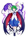  antennae aqua_eyes arms_up breasts bug cape centipede green_hair hair_over_one_eye highres insect ishimu large_breasts long_sleeves open_mouth puffy_shorts shirt shorts solo touhou walking wriggle_nightbug 