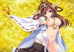  ahoge bad_id bad_pixiv_id between_breasts breasts brown_eyes brown_hair contrapposto detached_sleeves hairband headgear japanese_clothes kantai_collection kongou_(kantai_collection) large_breasts long_hair nipples nontraditional_miko opera_(mio303) skirt skirt_around_one_leg smile solo standing undressing 