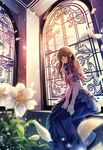  bare_shoulders blue_skirt blurry bow brown_eyes brown_hair depth_of_field dress elbow_gloves flower frilled_dress frills gloves long_skirt original petals ribbon skirt solo white_gloves window yasuno_(airy_light) 