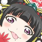  :p bad_id bad_twitter_id black_hair blush dead_or_alive dead_or_alive_5 face fan hair_ornament hair_stick hat kotori_photobomb long_hair love_live! love_live!_school_idol_project mole mole_under_mouth nyotengu parody pom_pom_(clothes) purple_eyes smile solo spiritual_b90 tokin_hat tongue tongue_out 
