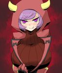  :q blush breasts fake_horns flipped_hair gloves hood horned_headwear huge_breasts kagari_(pokemon) licking_lips looking_at_viewer naughty_face oro_(zetsubou_girl) pokemon pokemon_(game) pokemon_oras purple_eyes purple_hair red_background ribbed_sweater short_hair solo sweater team_magma tongue tongue_out uniform upper_body 