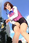  blush bow bowtie covering giantess highres office_lady open_mouth panties underwear white_panties yadokari_genpachirou 