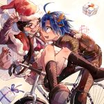  1girl akizuki_buranko antlers bicycle black_hair blue_hair blush christmas gift glasses ground_vehicle hat long_hair low_twintails manami_sangaku miyahara_(yowamushi_pedal) reindeer_antlers riding santa_costume santa_hat short_hair twintails yowamushi_pedal 