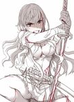  bandages blood bra breasts cleavage cuts grimace injury itou_(onsoku_tassha) jpeg_artifacts katana long_hair medium_breasts monochrome one_knee original panties pleated_skirt shirt sidelocks skirt solo spot_color sweat sword torn_bra torn_clothes torn_shirt underwear weapon 