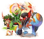  bike_shorts blaziken brown_hair gen_3_pokemon hair_ribbon haruka_(pokemon) mega_blaziken mega_pokemon mega_sceptile mega_swampert motojima_hakka plusle pokemon pokemon_(creature) pokemon_(game) pokemon_oras ribbon sceptile standing swampert white_background 