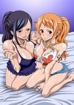  2girls barefoot bikini_top black_hair blue_eyes blush breast_press breast_squeeze breasts cleavage dress earrings highres huge_breasts jewelry large_breasts legs long_hair looking_at_viewer multiple_girls nami nami_(one_piece) necklace nel-zel_formula nico_robin one_piece open_mouth orange_hair ponytail red_eyes short_shorts shorts sitting smile tattoo thighs 