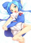  :d aqua_eyes bad_id bad_pixiv_id barefoot bloomers blue_hair blue_skirt bow cirno fang feet gennsuikyou hair_bow highres looking_at_viewer open_mouth short_hair skirt smile soles solo toes touhou underwear 