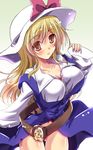  belt blonde_hair bow breasts brown_eyes cleavage collarbone dress hat hat_bow large_breasts long_hair long_sleeves panties pantyshot pantyshot_(standing) purple_dress shirt smile solo standing touhou underwear very_long_hair watatsuki_no_toyohime white_panties wide_sleeves yamu_(reverse_noise) 