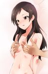  1girl black_hair blush breast_grab breasts brown_eyes commentary_request grabbing grabbing_from_behind groping hetero highres idolmaster idolmaster_million_live! kaiga kitazawa_shiho long_hair navel nude open_mouth out-of-frame_censoring out_of_frame shiny shiny_skin small_breasts solo_focus 