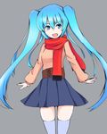  blue_eyes blue_hair blue_skirt grey_background hatsune_miku long_hair open_mouth red_scarf scarf simple_background skirt solo t_shatsu thighhighs twintails very_long_hair vocaloid zettai_ryouiki 