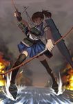  absurdres archery arrow bow_(weapon) breasts brown_hair fingerless_gloves fire gloves highres kaga_(kantai_collection) kantai_collection medium_breasts muneate ponytail quick_(quickzhi) scowl single_glove skirt smoke solo thighhighs weapon 