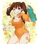  ;q backpack bag bangs blush breasts brown_hair buckle cleavage clenched_hands collage_background cowboy_shot diane_(nanatsu_no_taizai) fingerless_gloves gloves high_collar highres large_breasts leotard long_hair nanatsu_no_taizai one_eye_closed orange_leotard puffy_short_sleeves puffy_sleeves purple_eyes rr_u short_sleeves single_glove solo standing tattoo tongue tongue_out twintails 