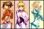  :d belt biker_clothes bikesuit blonde_hair blue_eyes breakblack breasts brown_hair cleavage cowboy_shot crown earrings gloves green_eyes hair_over_one_eye hand_on_hip highres jewelry long_hair mario_(series) mario_kart medium_breasts multiple_girls open_clothes open_mouth ponytail princess_daisy princess_peach rosetta_(mario) scarf sketch smile super_mario_bros. super_mario_galaxy 