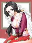  between_legs black_eyes black_hair boa_hancock breasts cape chikaburo cleavage earrings hand_between_legs jewelry large_breasts long_hair looking_at_viewer navel one_piece sash sitting smile snake_earrings solo wariza 