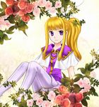  74 blonde_hair clarine fire_emblem fire_emblem:_fuuin_no_tsurugi flower leaf long_hair ponytail purple_eyes rose sitting smile solo thighhighs white_background 