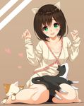  animal_ears anza_tomo bad_id bad_pixiv_id breasts brown_hair cat cat_ears cat_on_lap cleavage collarbone commentary_request fang green_eyes heart highres idolmaster idolmaster_cinderella_girls long_sleeves looking_at_viewer maekawa_miku medium_breasts open_mouth short_hair sitting solo 
