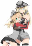  ass bismarck_(kantai_collection) blonde_hair blue_eyes gloves hat highres hug kantai_collection long_hair multiple_girls panties peaked_cap prinz_eugen_(kantai_collection) rumia_(compacthuman) smile twintails underwear uniform white_panties yuri 