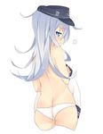  1girl :&lt; ass bad_id bad_twitter_id blue_eyes cropped_legs dimples_of_venus eguegu from_behind hat hibiki_(kantai_collection) kantai_collection long_hair looking_back panties shirt_removed silver_hair simple_background solo speech_bubble topless underwear underwear_only white_background white_panties 