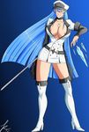  1girl akame_ga_kill! areola areolae blue_eyes blue_hair breasts esdeath hat large_breasts long_hair smile solo standing sword uniform weapon 